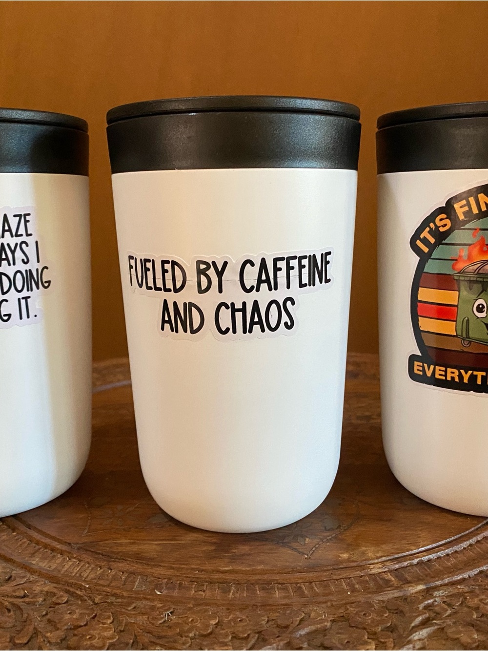 White Insulated Travel Mug - Fueled by Caffeine and Chaos